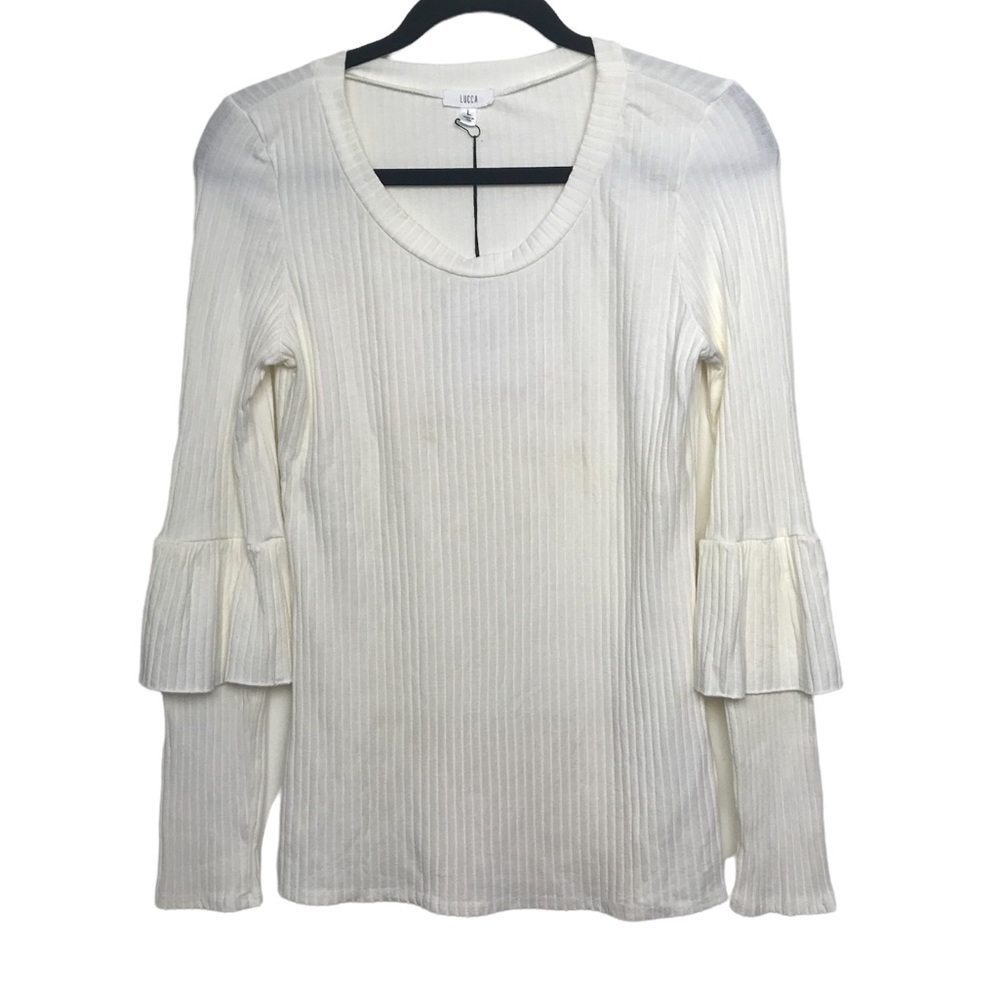 Lucca Los Angeles Ivory Ribbed Ruffle Sleeve Sweater NWT Large